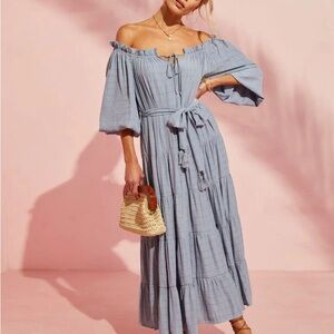 Boho Off-Shoulder Blue Dress